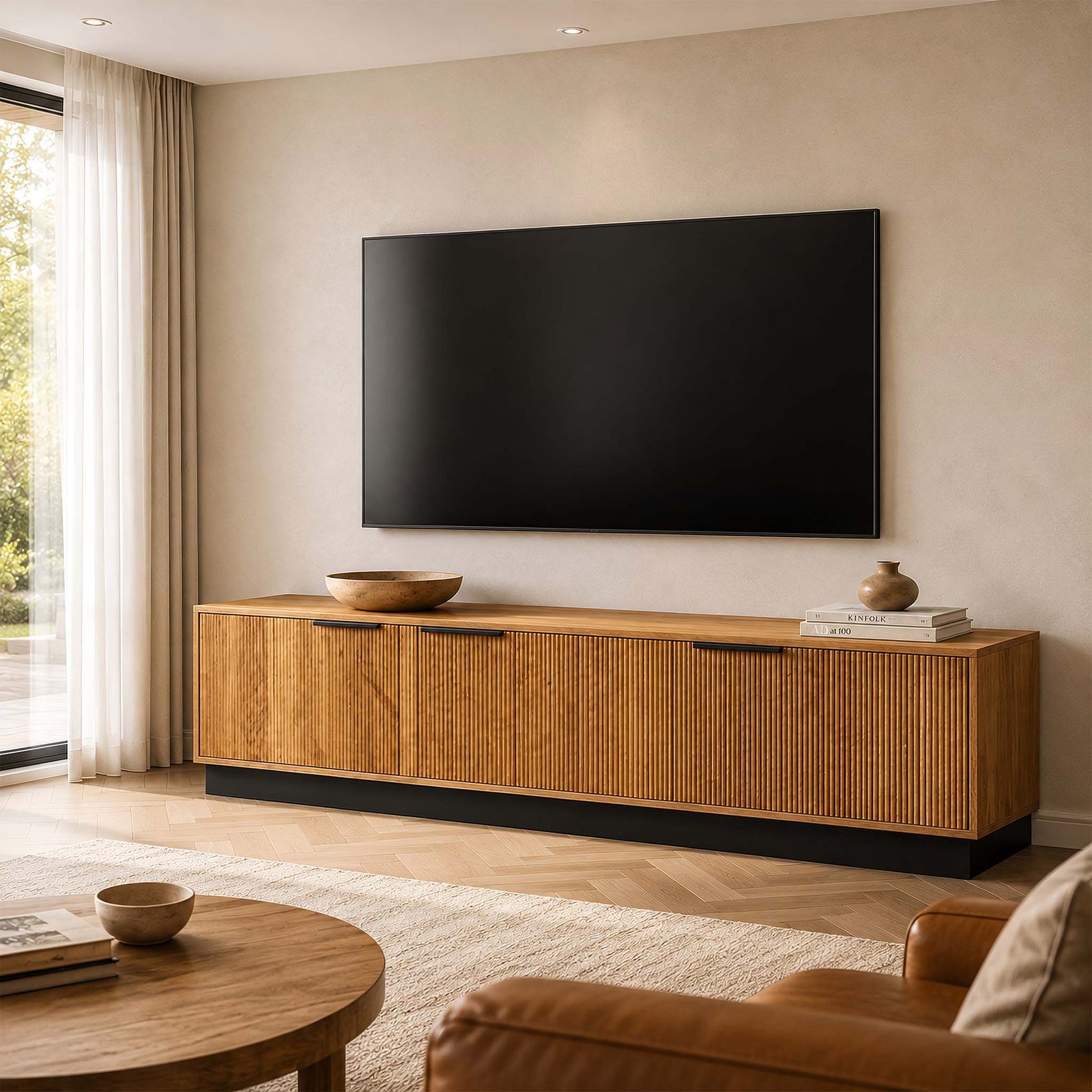 Gallery Everyday Lazlo TV Stand - 1.75m, featuring vertical slat detailing and black metal hardware beneath a wall-mounted TV.