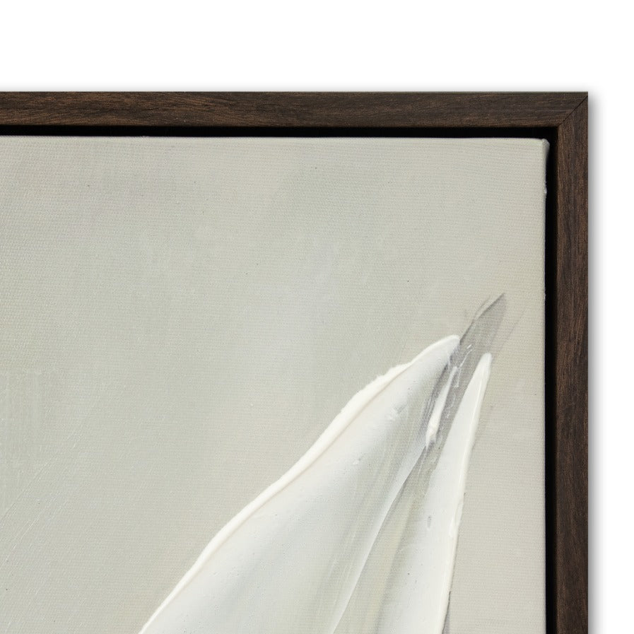 Top corner close-up of Linné Agave wall art South Africa, showing the canvas texture, white paint, and dark brown frame. Elegant wall decor for living interiors. 