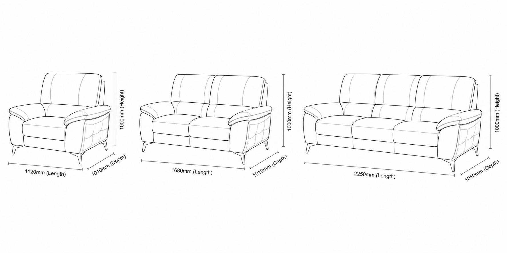Measurement chart for Maddox 3+2+1 Leather Sofa Suite - Light Blue- Warehouse Clearance