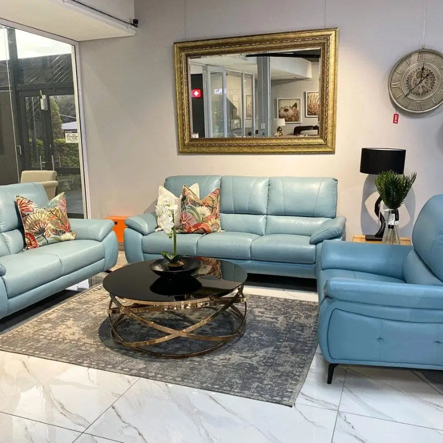 Maddox 3 + 2 + 1 Leather Sofa Suite - Light Blue- Warehouse Clearance - Light Blue - Leather Sofa