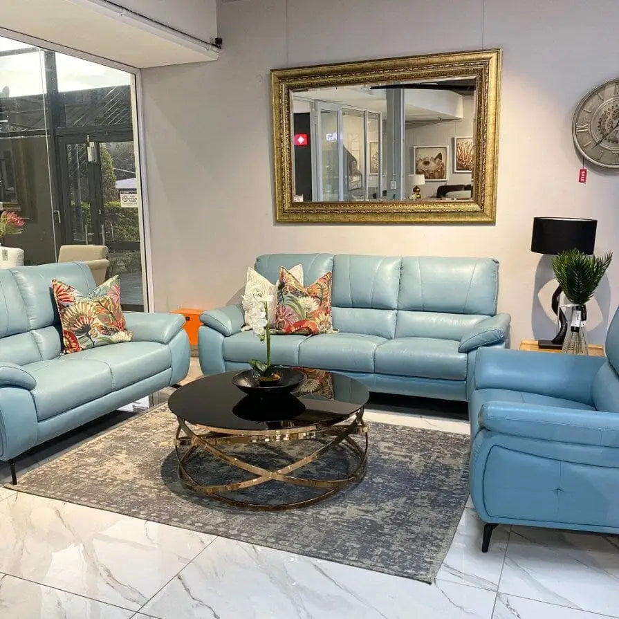 Maddox 3 + 2 + 1 Leather Sofa Suite - Light Blue- Warehouse Clearance - Light Blue - Leather Sofa