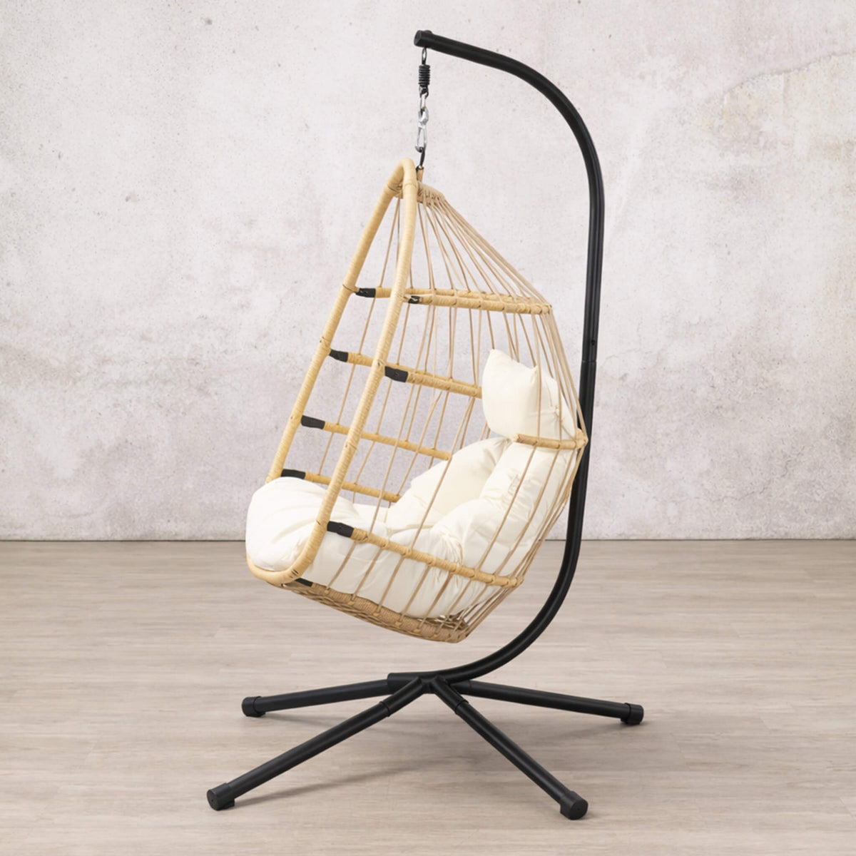 Side view of  the beige Madison Hanging Chair | Patio chairs, hanging chairs for sale, hanging chair, outdoor seating 