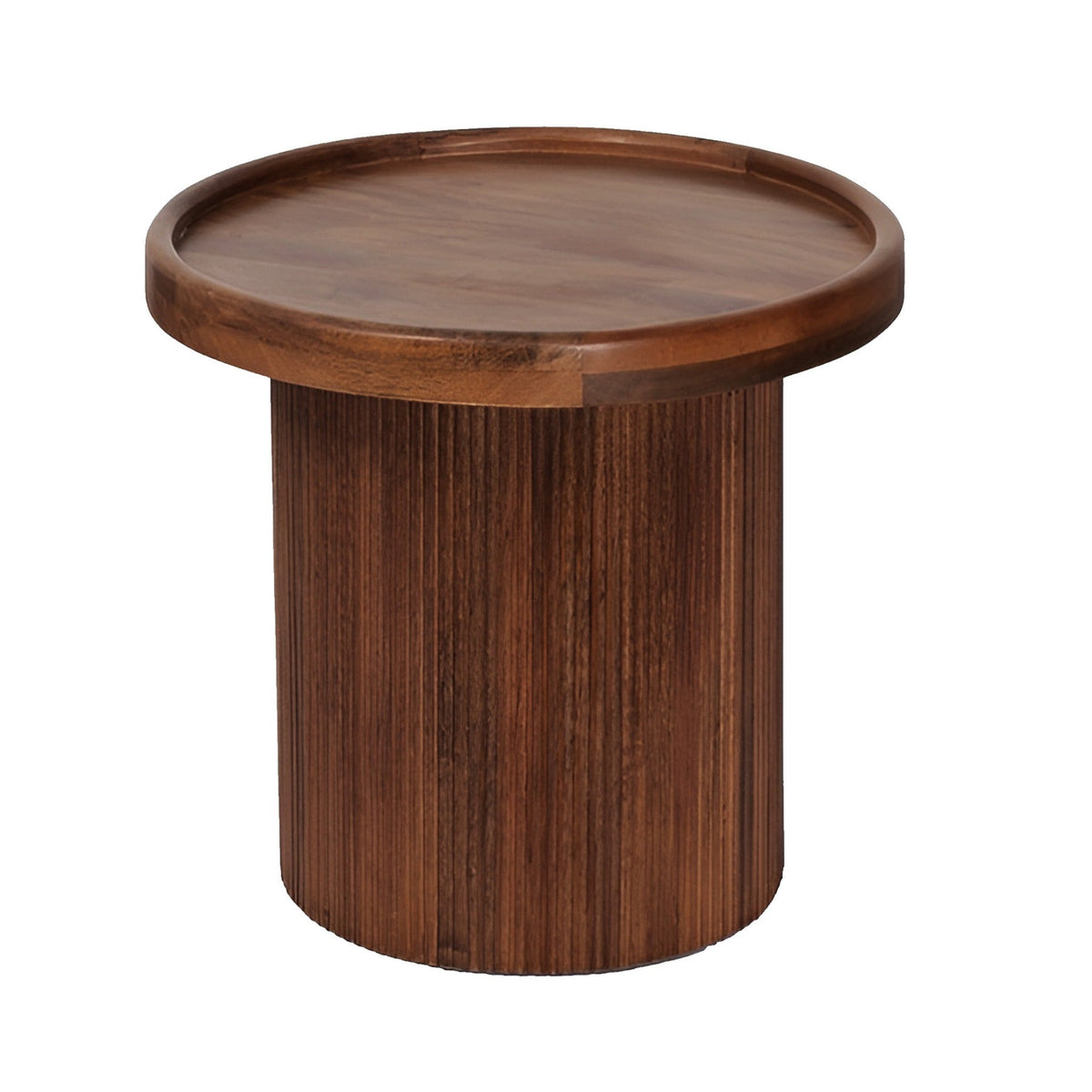 Gallery Everyday Malmo Side Table, featuring a round wooden top with a raised edge and fluted cylindrical base.