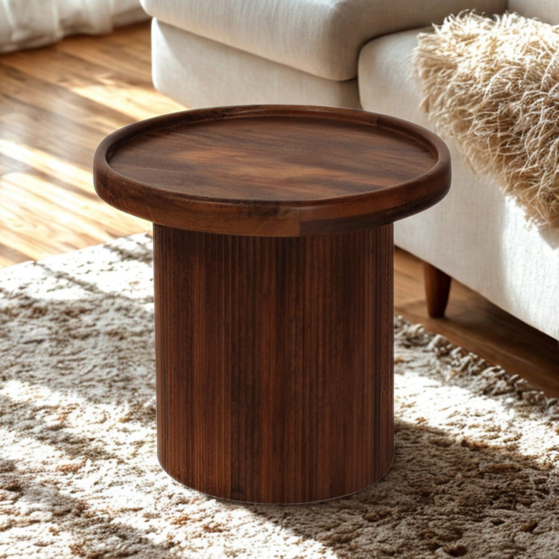 Gallery Everyday Malmo Side Table, featuring a round wooden top and fluted cylindrical base in a warm natural finish.