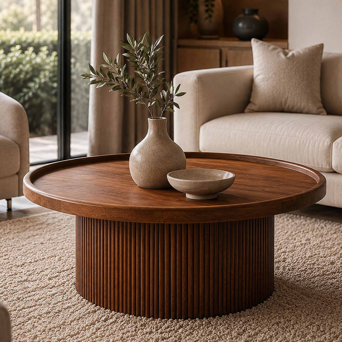 Gallery Everyday Malmo Wood Coffee Table, featuring a round wooden top and fluted pedestal base in a warm modern living room.