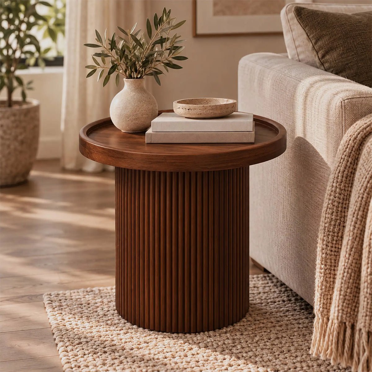Gallery Everyday Malmo Side Table, featuring a round wooden top and fluted cylindrical base in a warm natural finish.