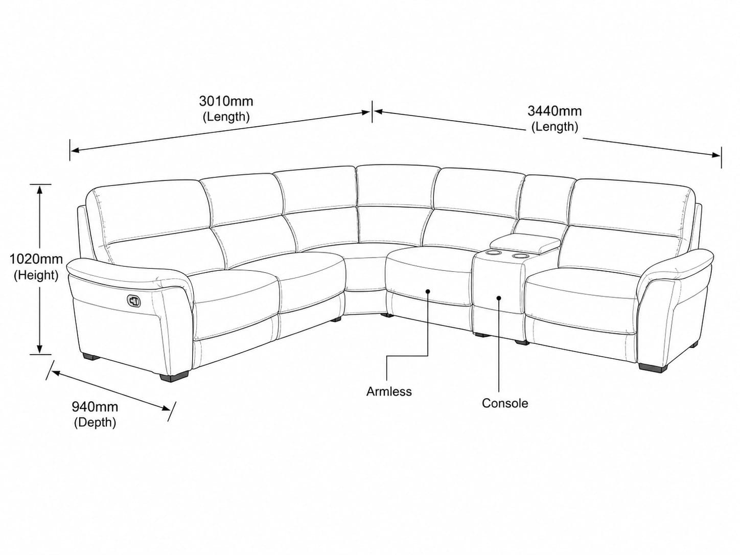 Measurement chart for Manhattan 5 Seater Leather L Shape Couch