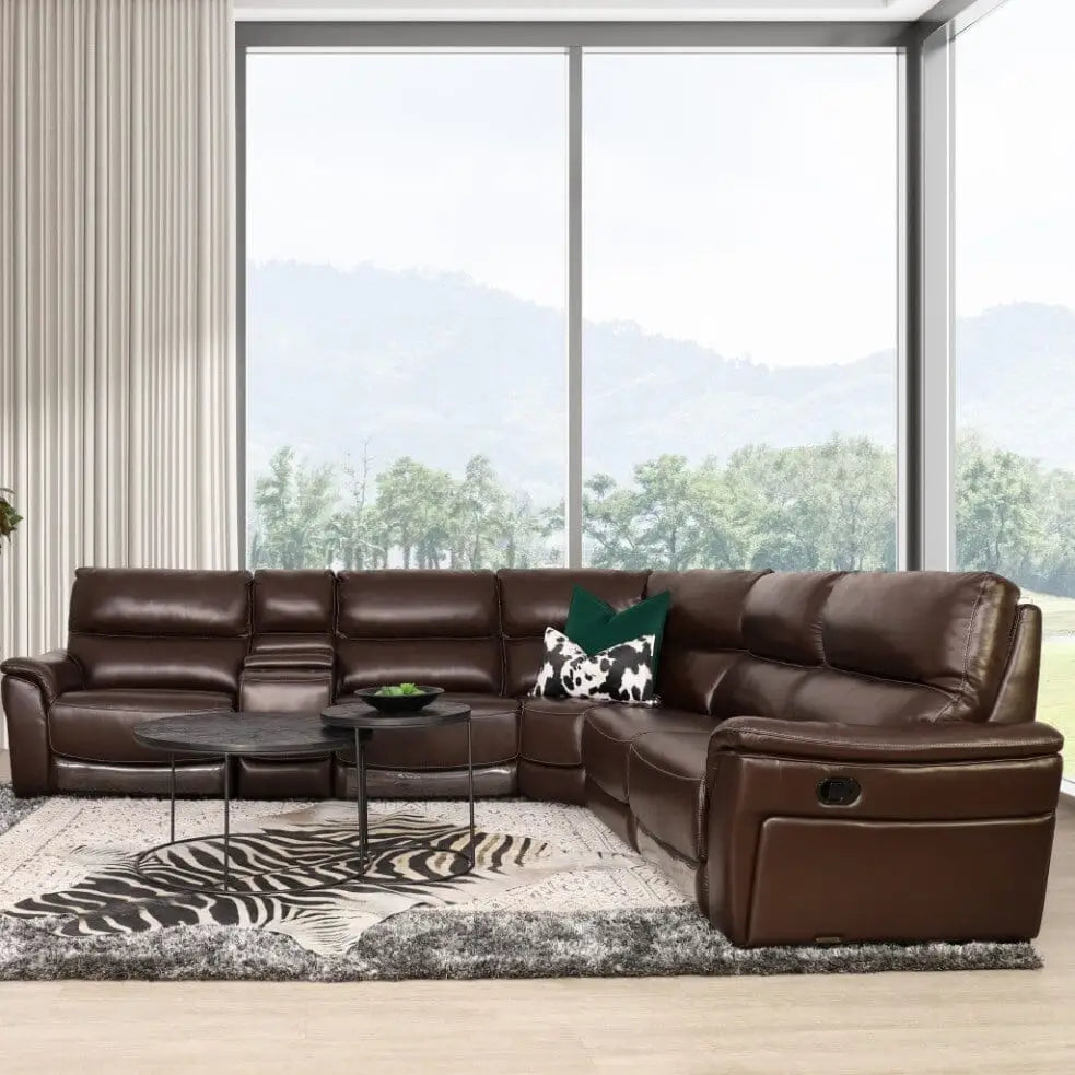 Chocolate hued Manhattan leather corner couch shown in an eclectic styled living space. | l shape couch, couches for sale, brown leather couch, corner couch, couches south africa