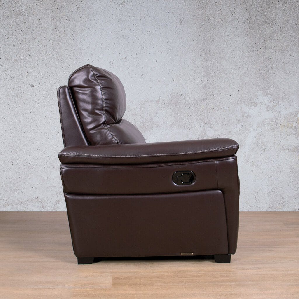 Side profile of the recliner (unreclined) in a chocolate coloured Manhattan leather corner couch | l shape couch, corner couch, corner couches for sale, corner couch with recliner