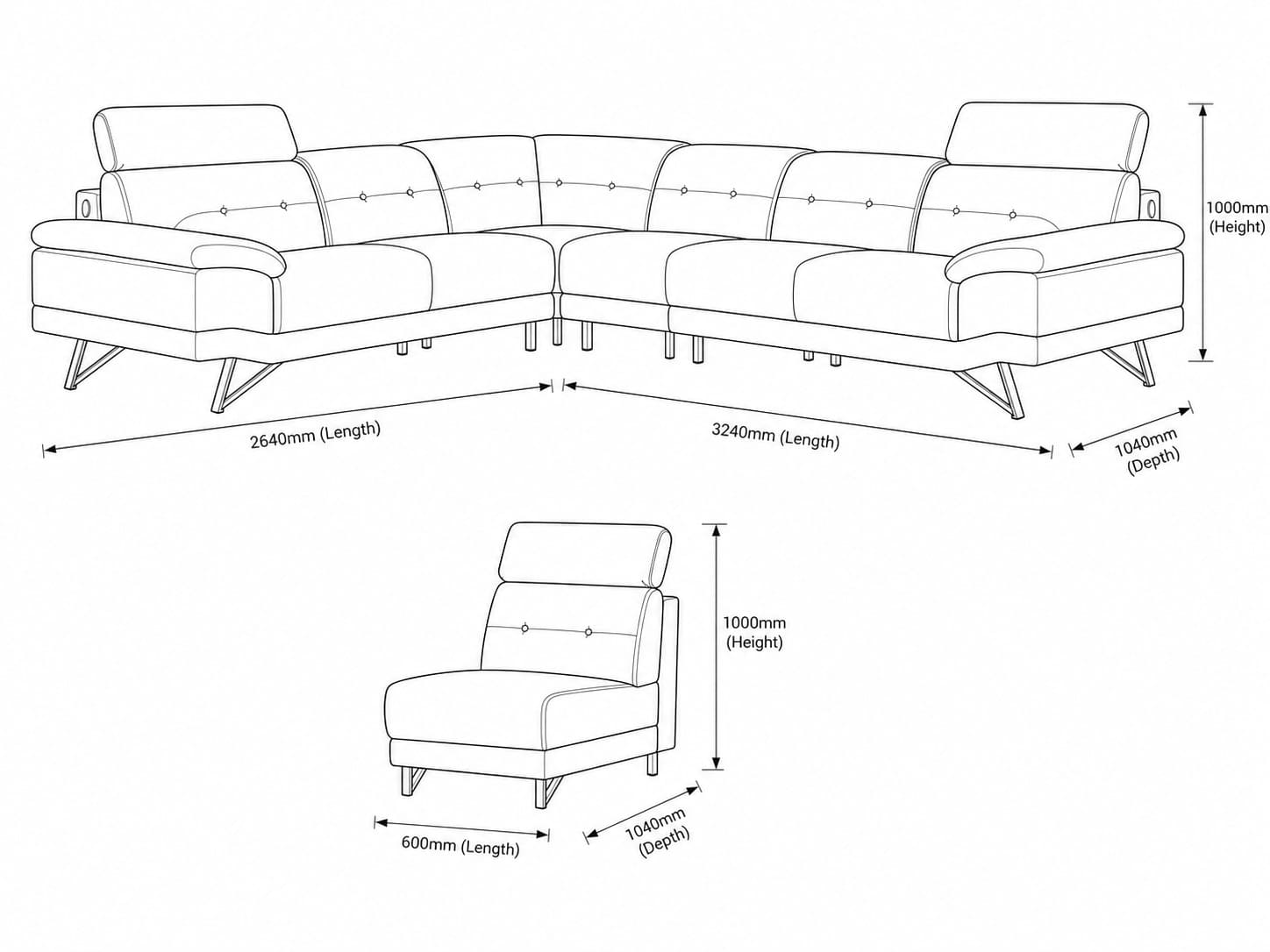 Measurement chart for Manila 5 Seater Leather L Shape Couch