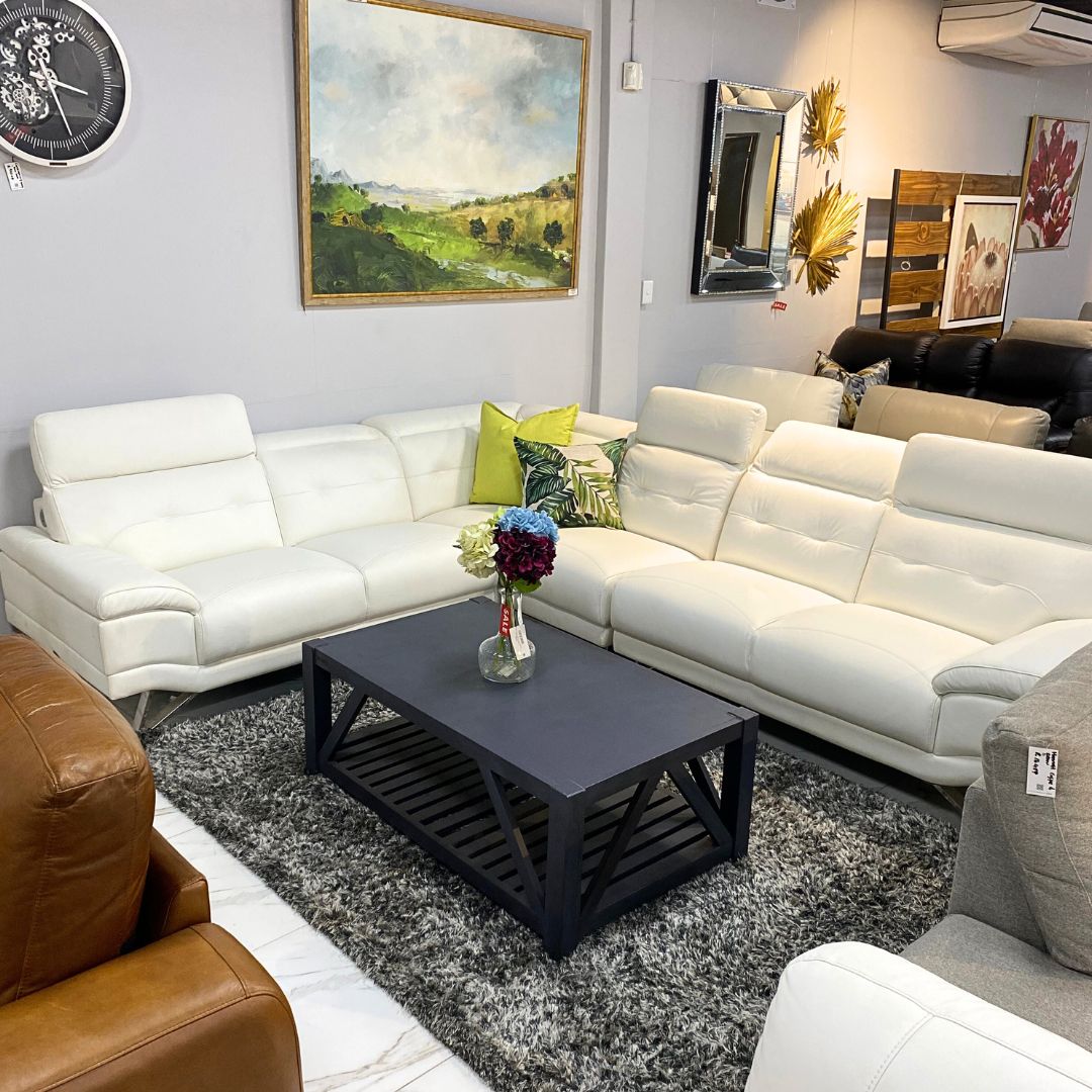 Manila Leather Corner Couch - White - Warehouse Clearance