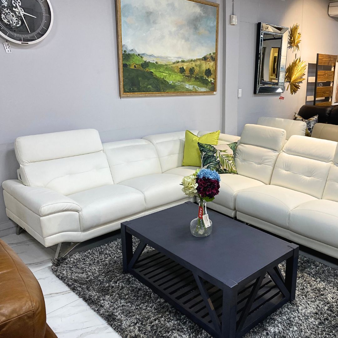 Manila Leather Corner Couch - White - Warehouse Clearance