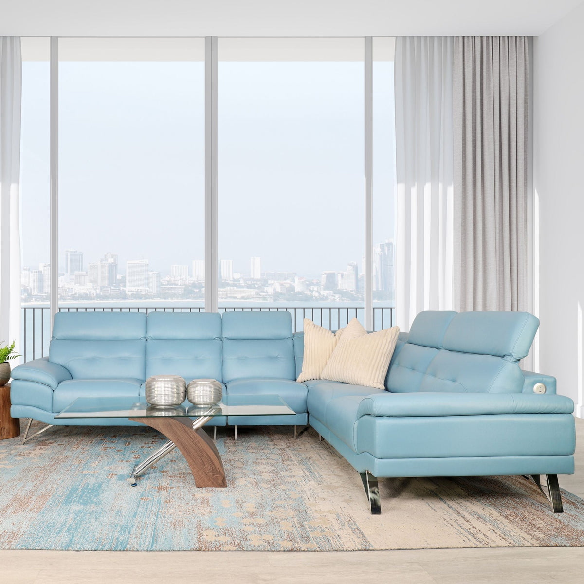 Manila Leather Sectional Light-blue