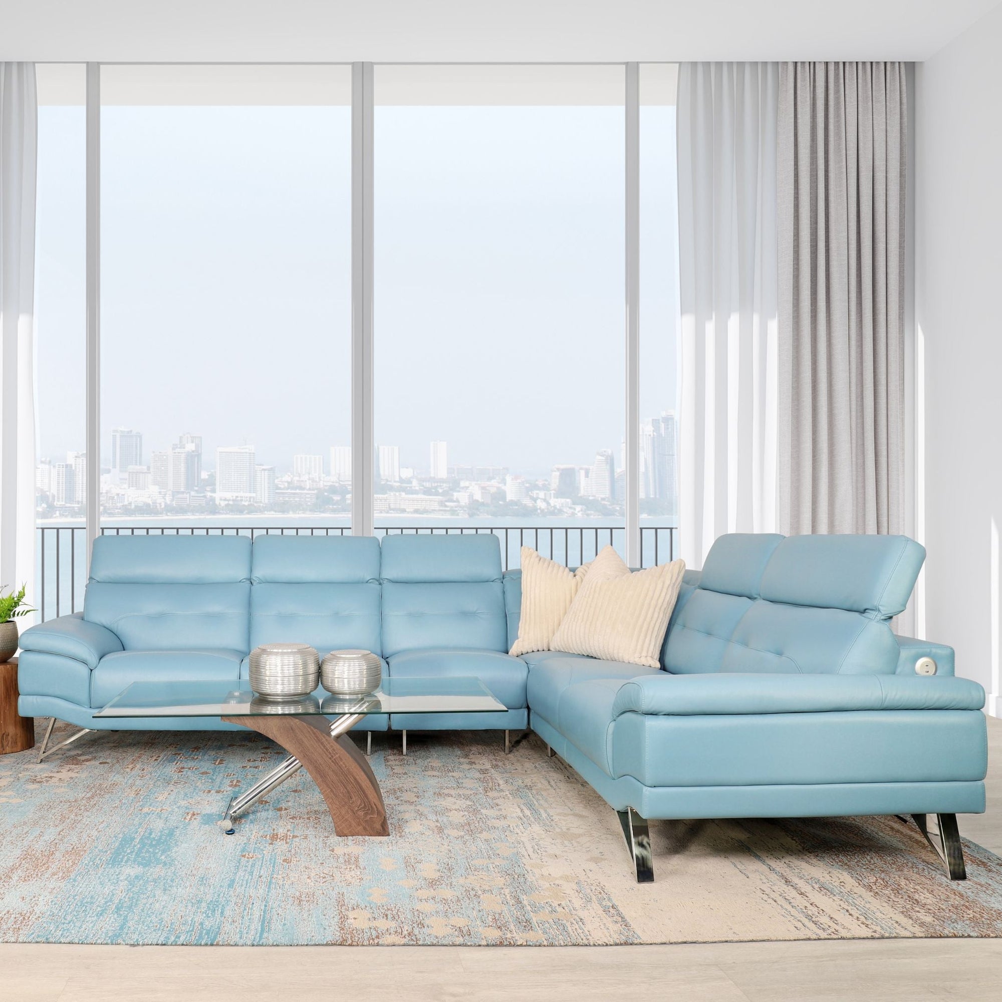 Manila Leather Sectional Light-blue