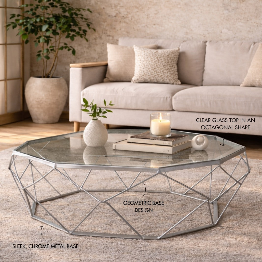 Mara Chrome Base Coffee Table + Clear Glass Coffee Table Leather Gallery 800Dia x 450H Mara