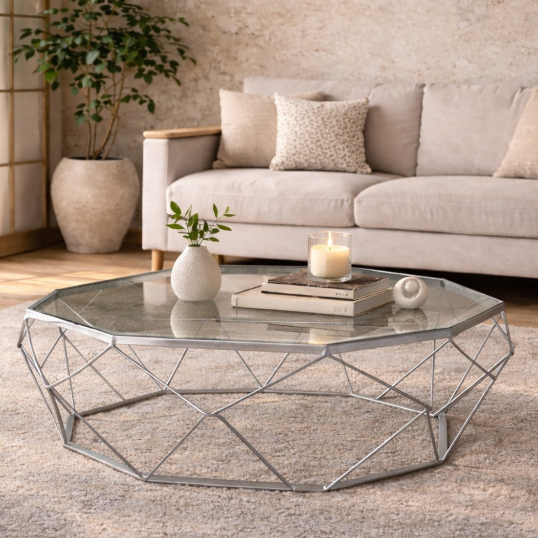 Mara Chrome Base Coffee Table + Clear Glass Coffee Table Leather Gallery 800Dia x 450H Mara