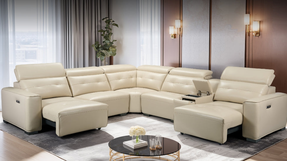 Explore the comfort and sophistication of Leather Gallery's Marbella Leather L-Sectional Sofa, with two motion beds, a console with cupholders and USB ports. 