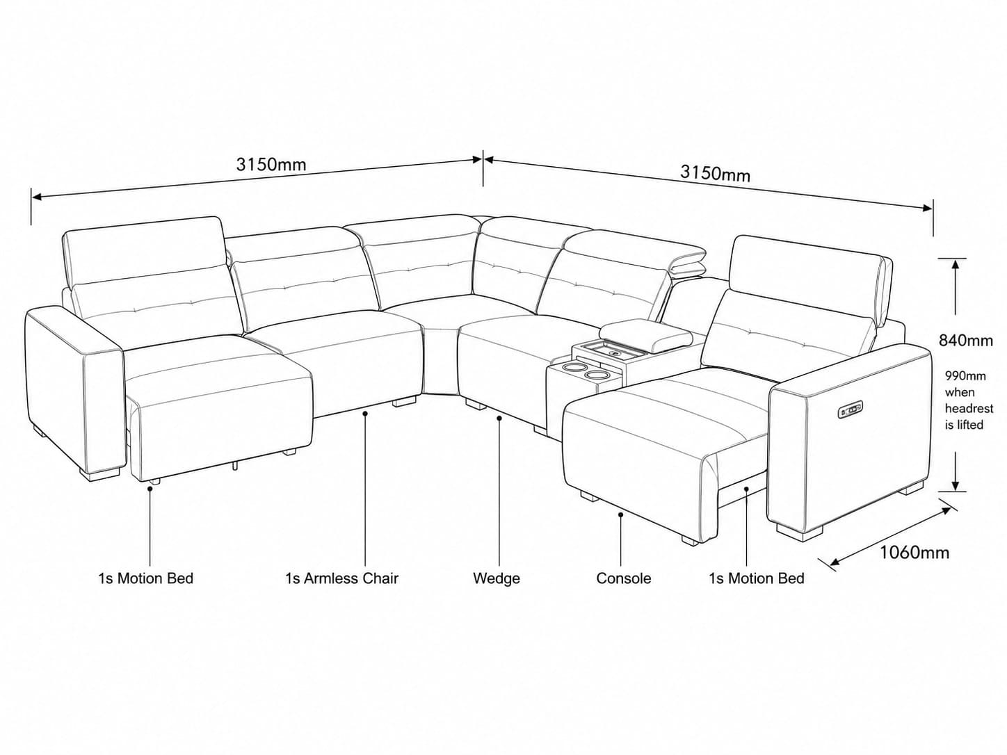Measurement chart for Marbella 5 Seater Leather L Shape Couch