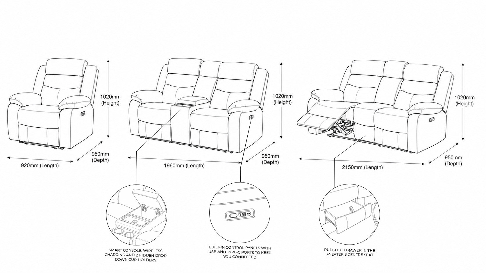 Measurement chart for Marino 3+2+1 Leather Recliner Home Theatre Suite