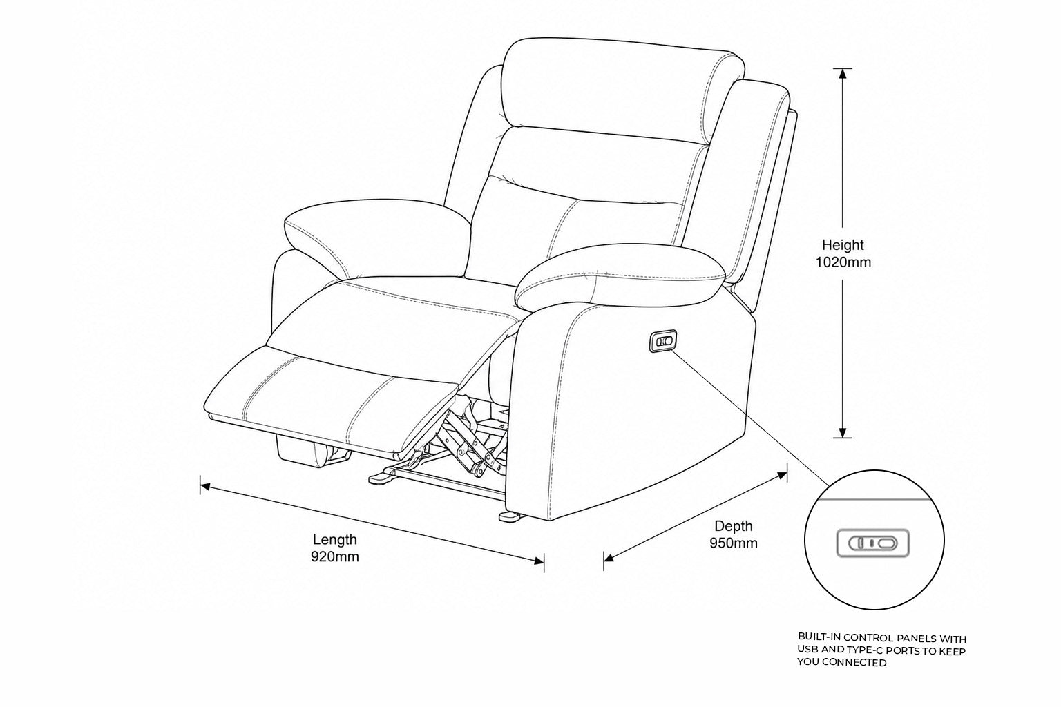 Measurement chart for Marino 1 Seater Leather Recliner Chair