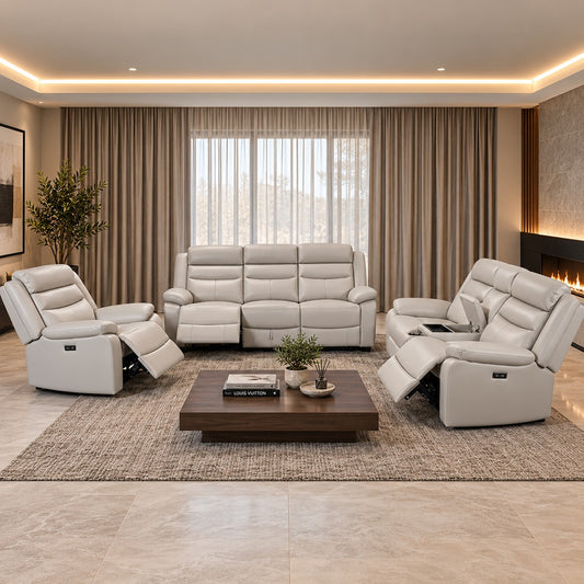 A modern living room scene featuring a coordinated Marino Leather recliner couch set in Luxe Grey. | Home theatre recliners, recliner couches, recliner