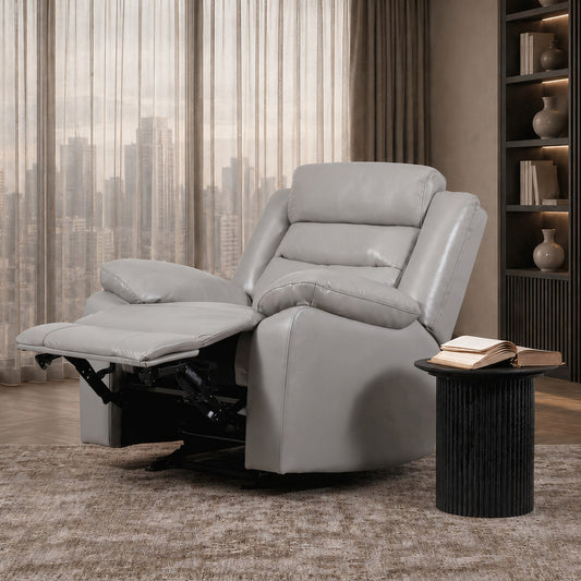 Leather Gallery Marino 1 Seater Leather Recliner Chair in Lux Grey, shown with the footrest extended beside a black side table in a modern living room.