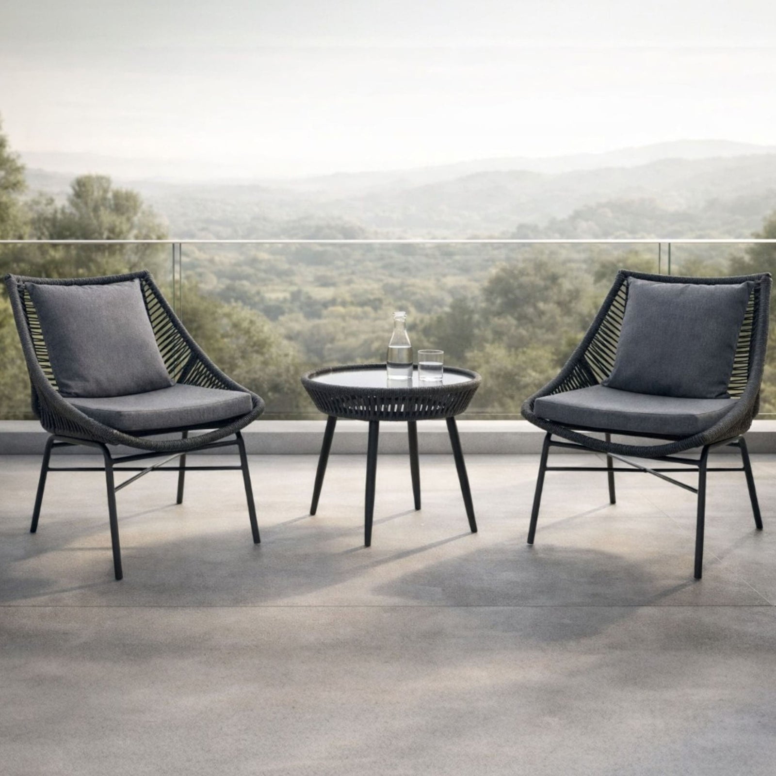 Marlin Patio Chairs and Table, Set of 3 – Black, shown in a modern, minimalist patio space. | Patio chairs and table, patio lounge set, patio furniture, patio chairs, outdoor chairs, outdoor chairs for sale