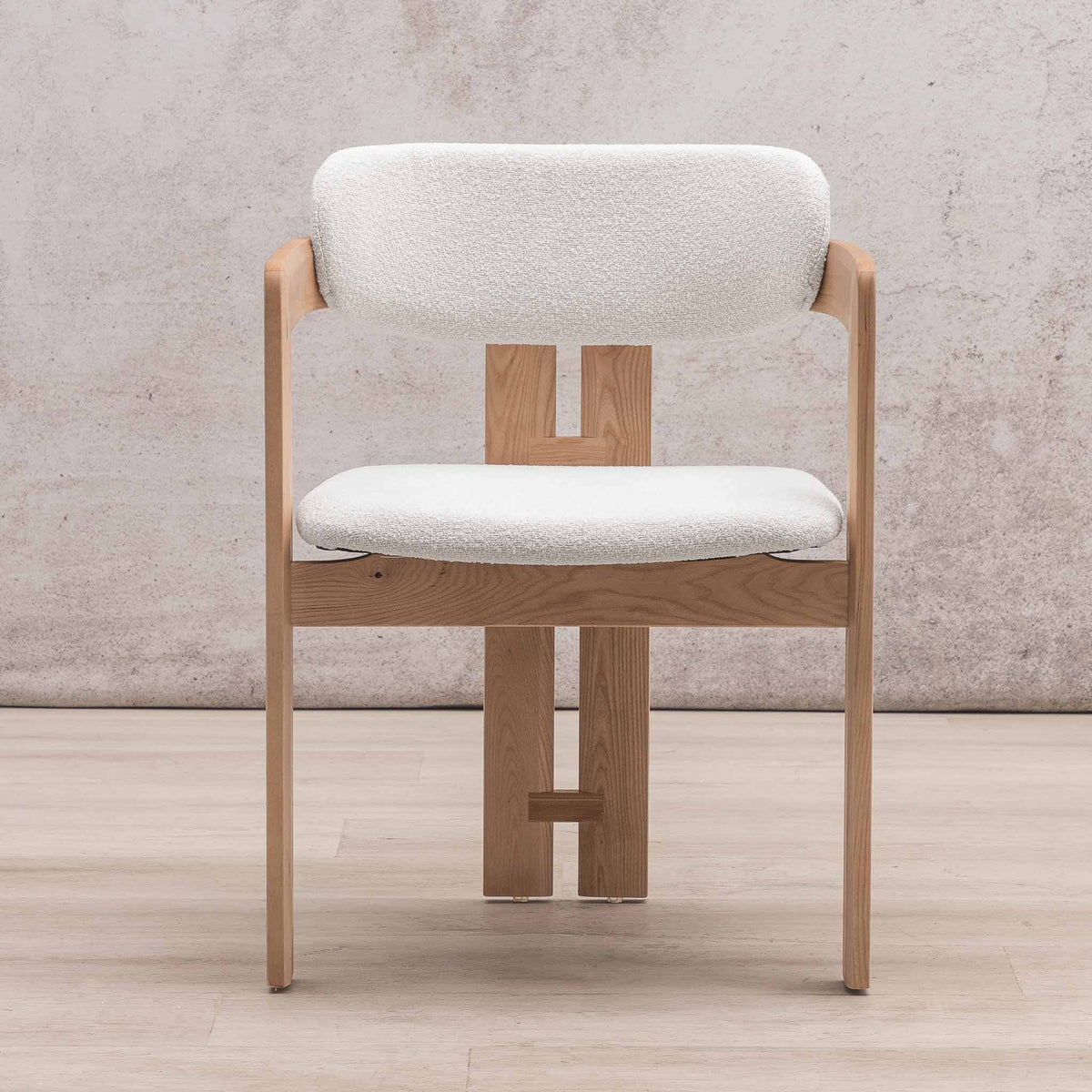 Marlon dining chair with natural wood frame and cream linen cushions, front view. | dining chairs, wood dining chairs, modern dining chair, dining chair for round table