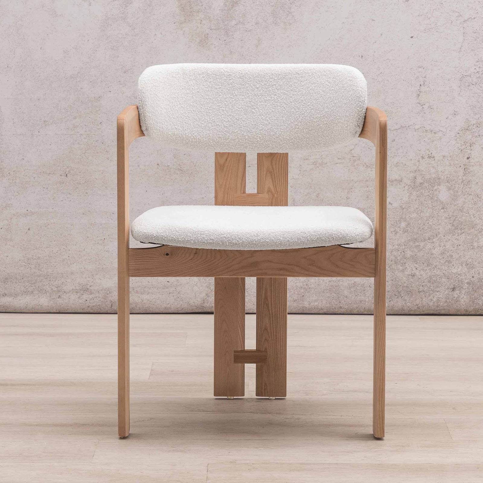 Marlon dining chair with natural wood frame and cream linen cushions, front view. | dining chairs, wood dining chairs, modern dining chair, dining chair for round table