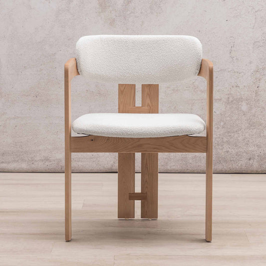 Marlon dining chair with natural wood frame and cream linen cushions, front view. | dining chairs, wood dining chairs, modern dining chair, dining chair for round table