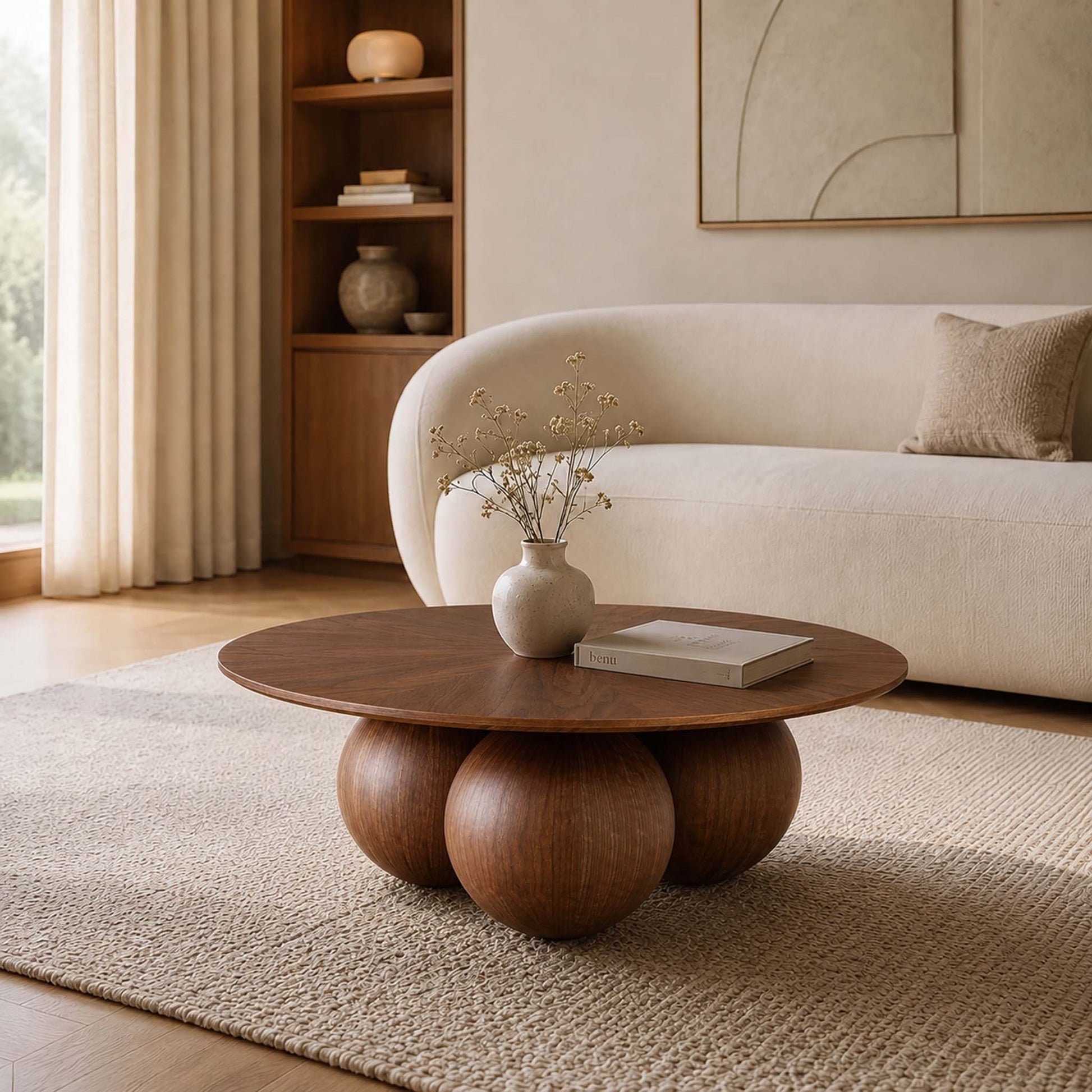 Matilda Coffee table in a rich brown finish, styled in a contemporary living room. | coffee table, wood coffee table, modern coffee table