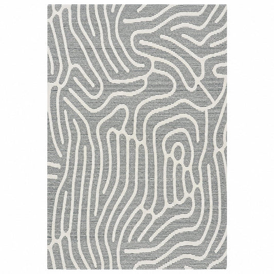 Leather Gallery Meander Rug in Linchen Stone, featuring flowing off-white lines over a textured grey background.