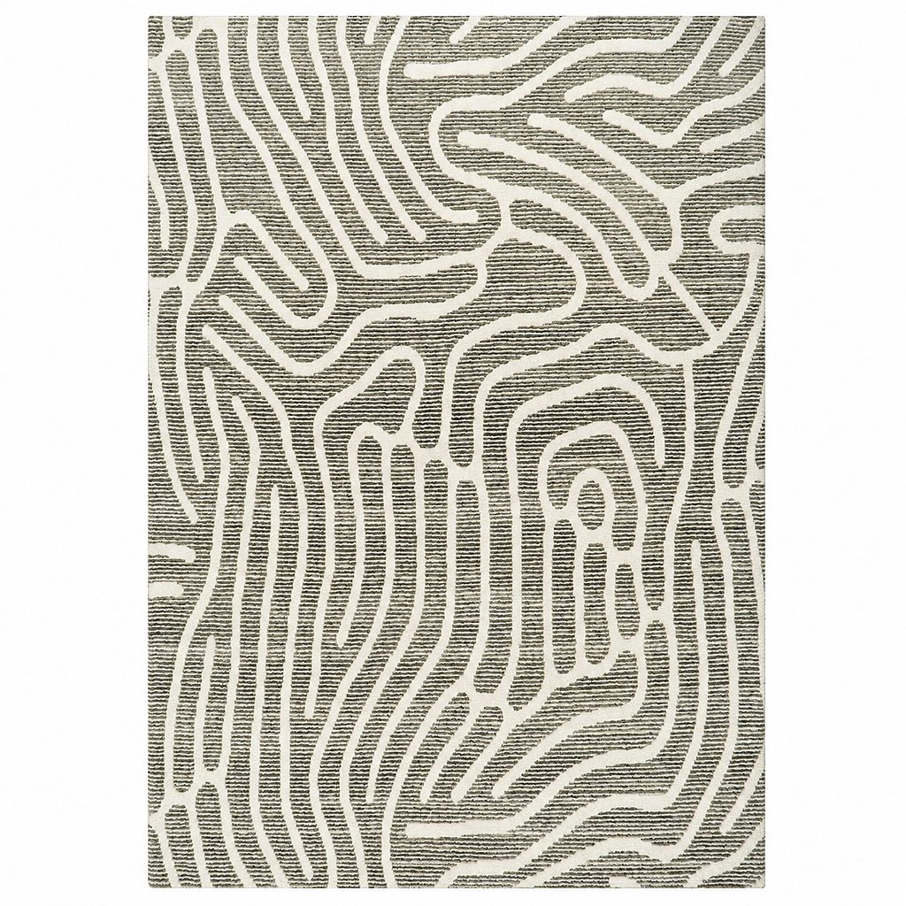 Leather Gallery Meander Rug in Weathered Grey, featuring an abstract organic wave pattern in grey and off-white.