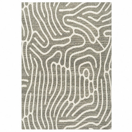 Leather Gallery Meander Rug in Weathered Grey, featuring an abstract organic wave pattern in grey and off-white.