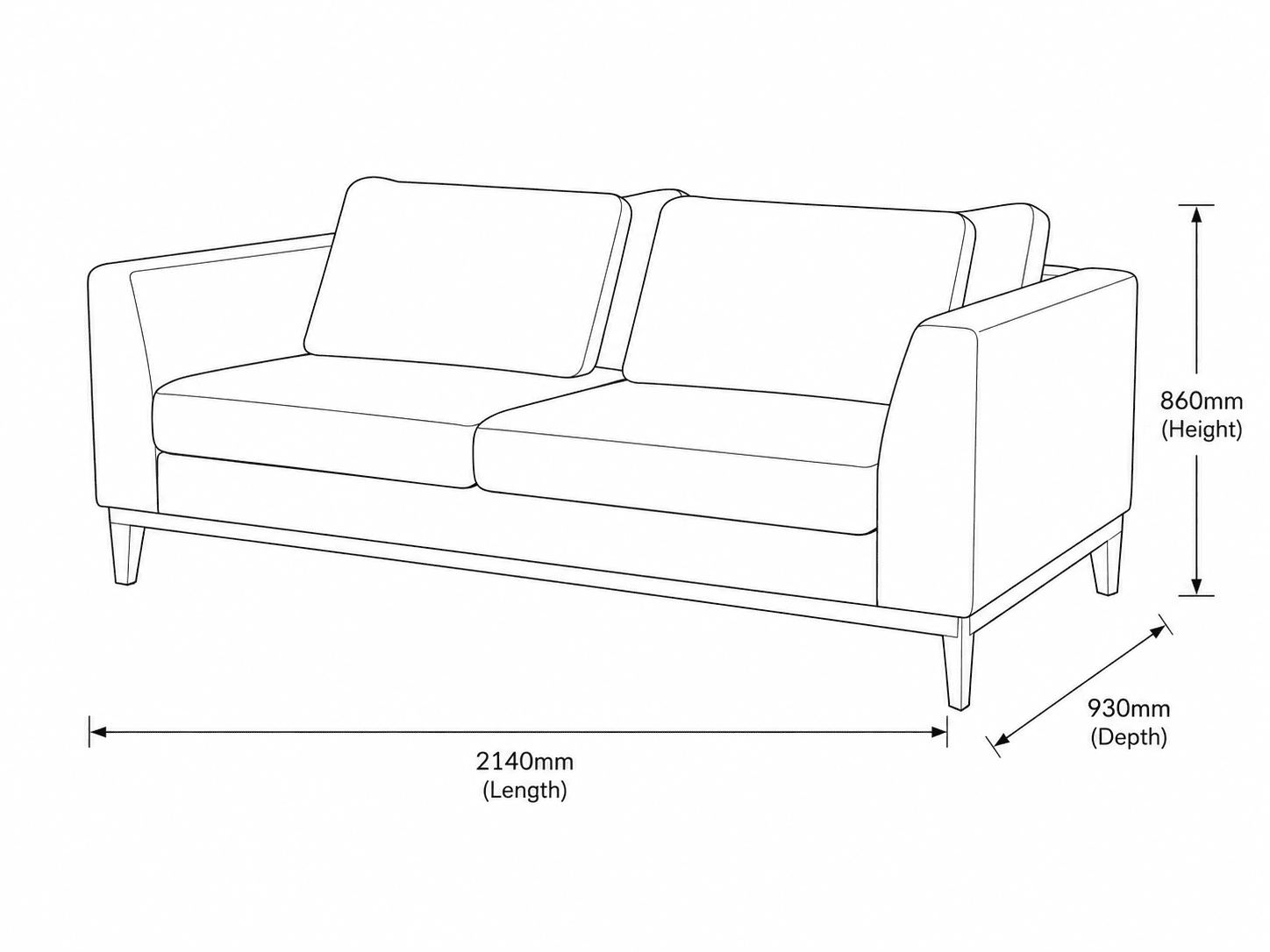 Measurement chart for Modena 3 Seater Fabric Couch