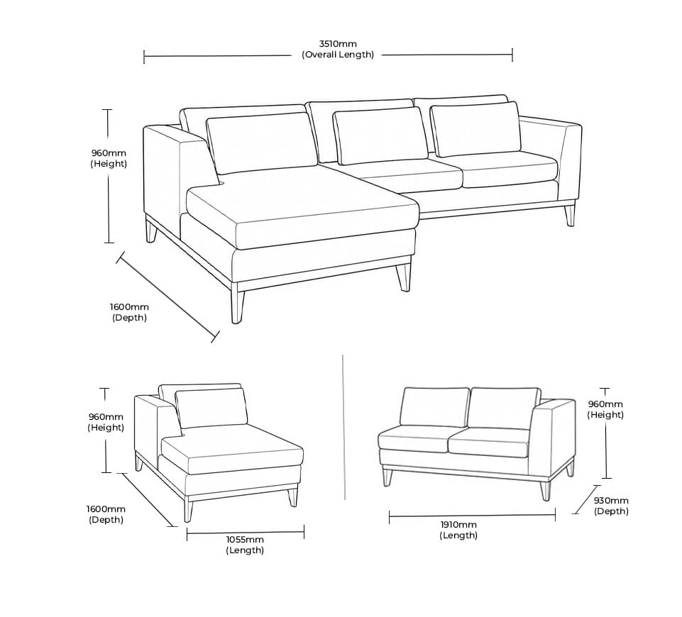 Measurement chart for Modena Fabric Chaise Sectional Couch  - LHF