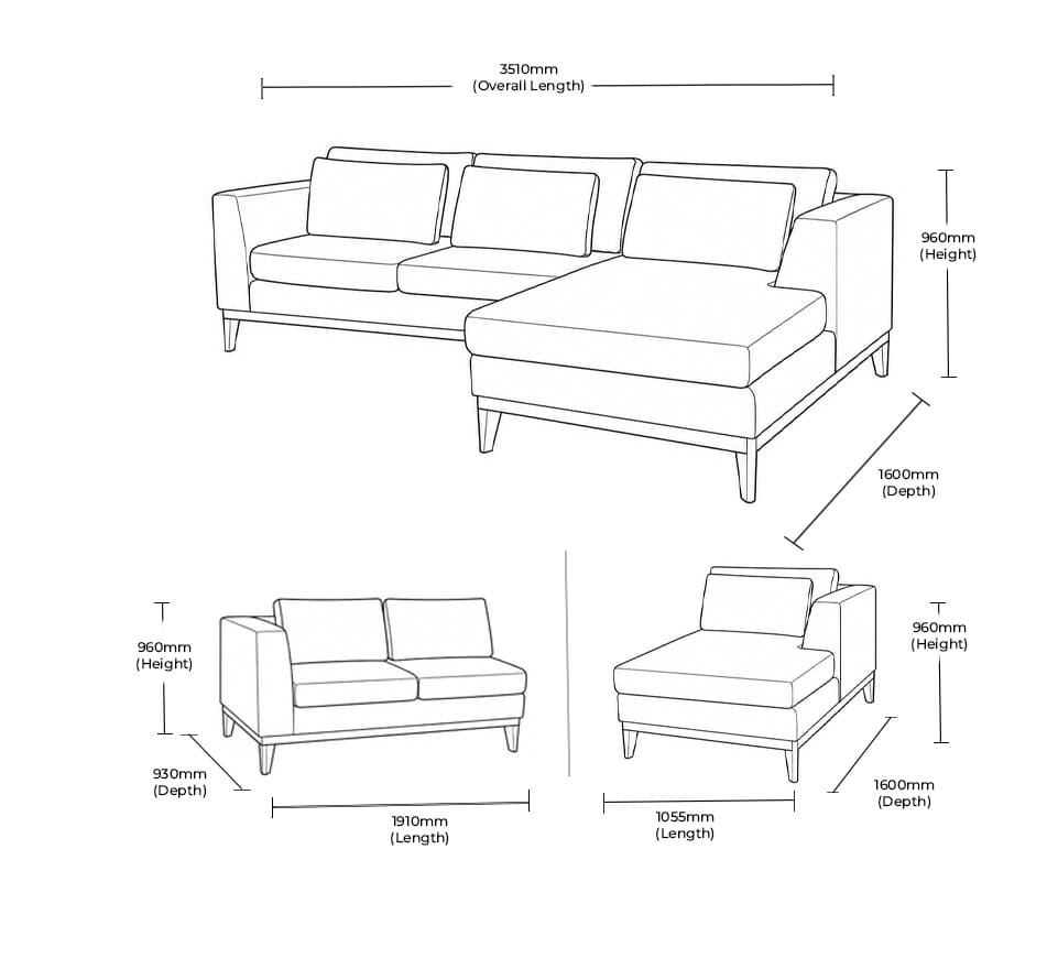 Measurement chart for Modena Fabric Chaise Sectional Couch  - RHF
