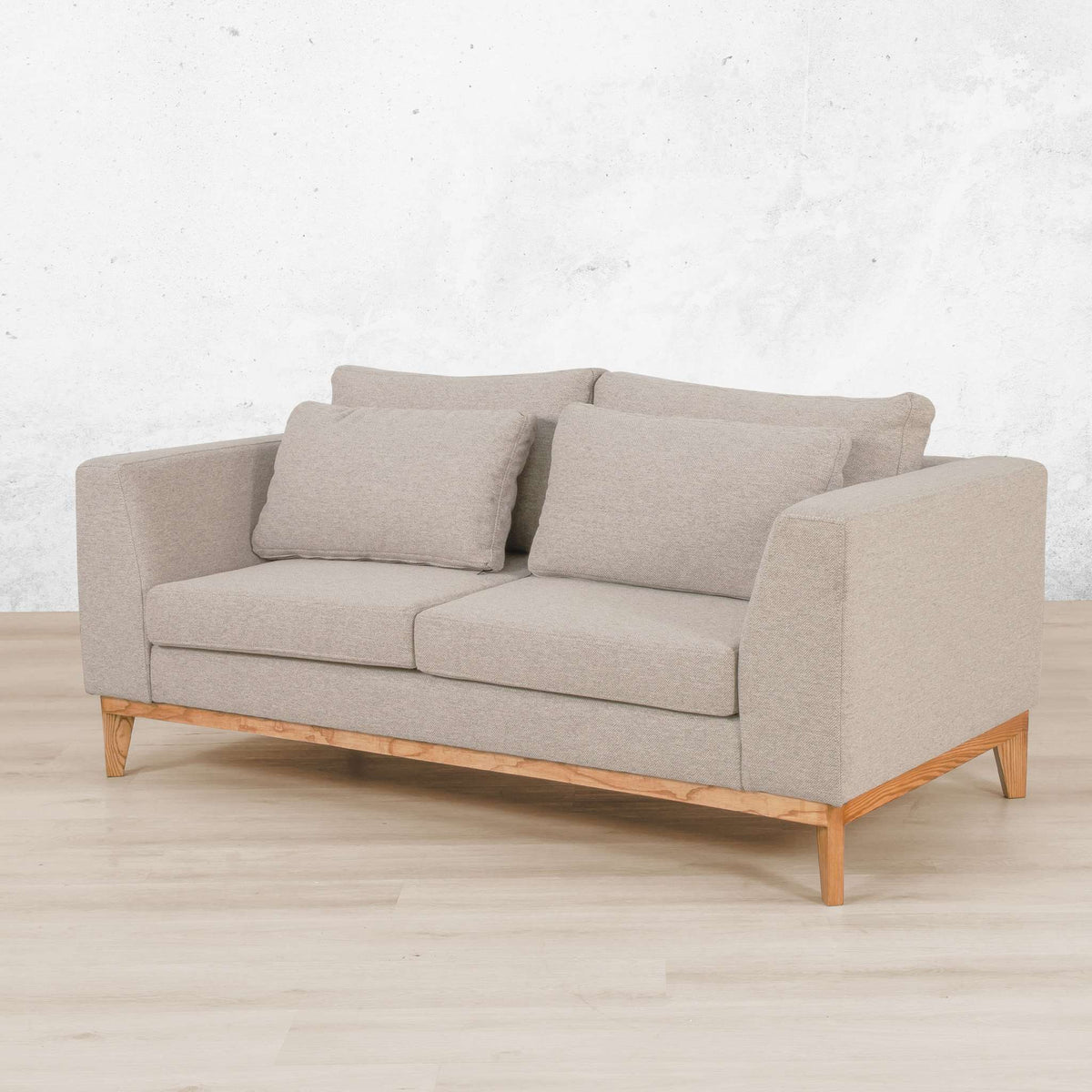 Leather Gallery Modena 3+2 Fabric Lounge Suite in Kenya Sand, featuring grey fabric upholstery and wooden legs.