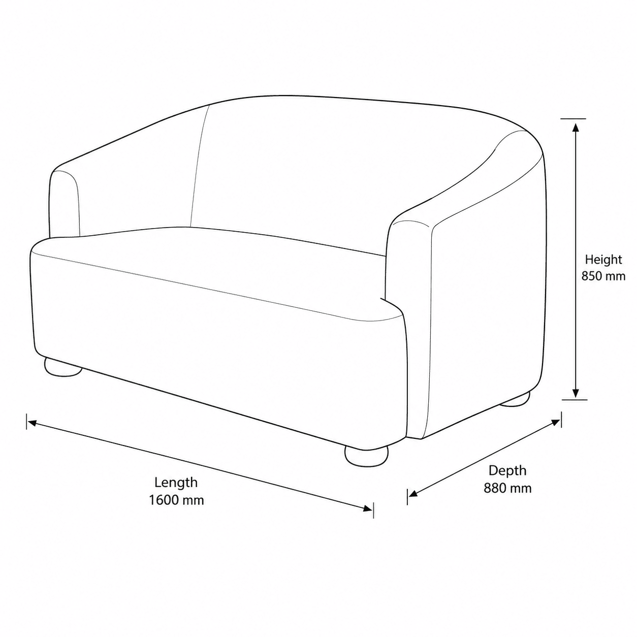 Measurement chart for Monaco 2 Seater Fabric Couch