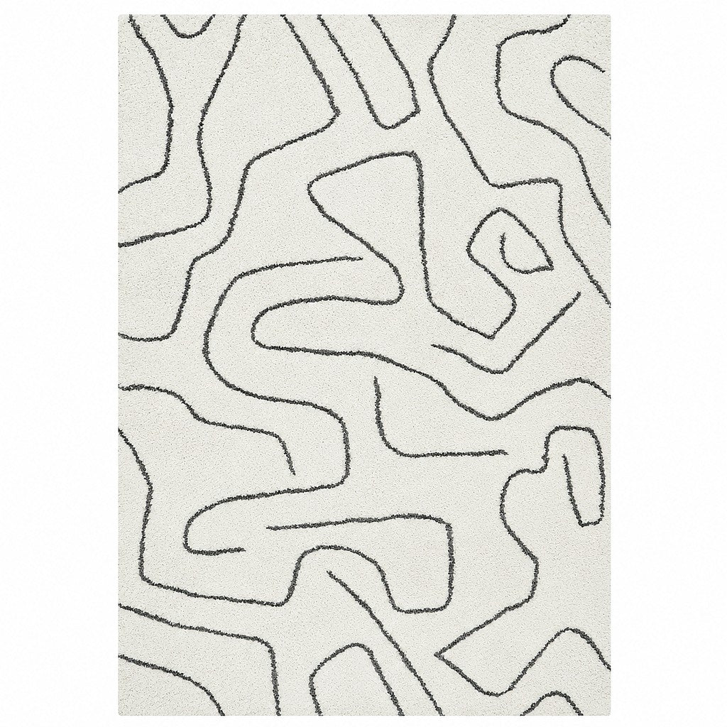 Leather Gallery Nivalis Rug in Graphite Ivory, featuring an abstract black organic line pattern on a warm ivory background.