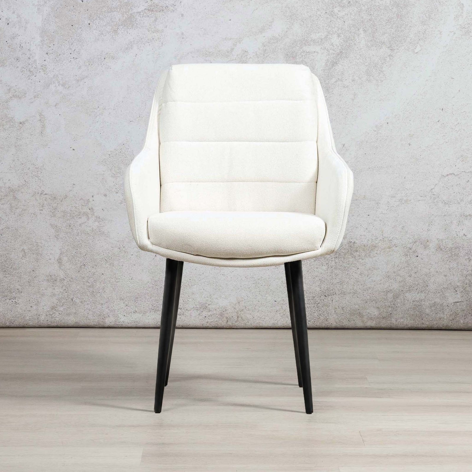 Octavia fabric dining chair in ivory linen with black tapered legs, front view. | Leather Gallery Dining Chairs, modern dining chairs, fabric dining chairs 