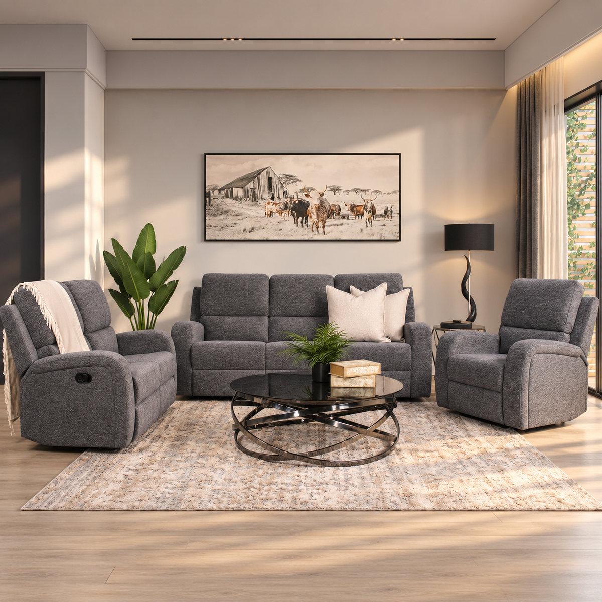 Orlando 3 + 2 + 1 Fabric Recliner Suite - Mountain Grey - Fabric Recliner