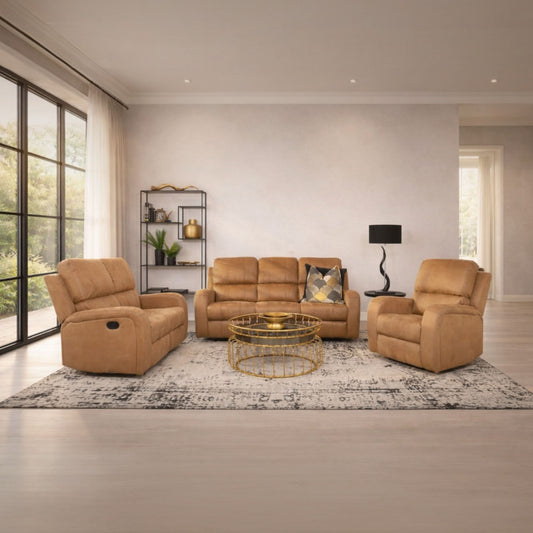 Leather Gallery Orlando 3+2+1 Fabric Recliner Suite in Desert Sand, featuring matching 3 seater, 2 seater, and 1 seater recliners in a modern living room.