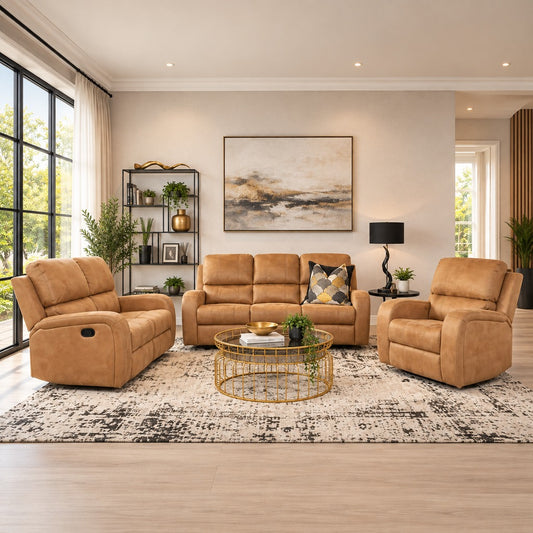 Leather Gallery Orlando 3+2+1 Fabric Recliner Suite in Desert Sand, featuring matching 3 seater, 2 seater, and 1 seater recliners in a modern living room.