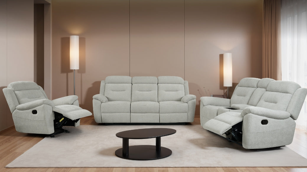 Scandinavian-inspired Oslo Suite styled in a modern living room, showcasing stone-toned fabric and five reclining seats.