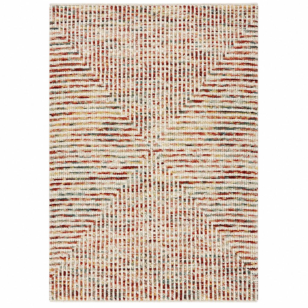 Leather Gallery Prisma Rug in Terracotta Mosaic, featuring a textured woven pattern with rust, beige, and grey geometric lines.