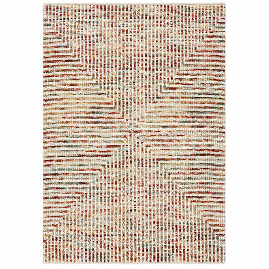 Leather Gallery Prisma Rug in Terracotta Mosaic, featuring a textured woven pattern with rust, beige, and grey geometric lines.