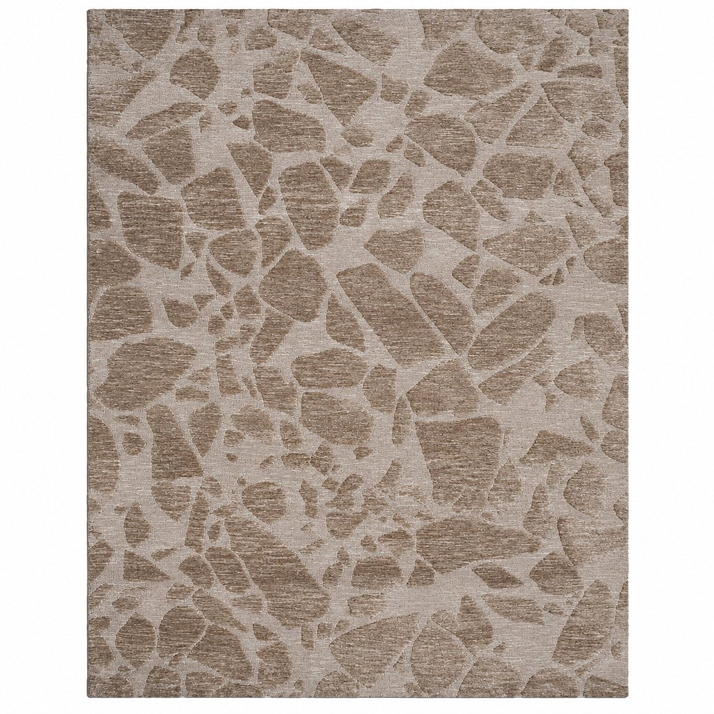Leather Gallery Relic Rug in Desert Stone, featuring a textured abstract organic pattern in taupe, beige, and light brown tones.