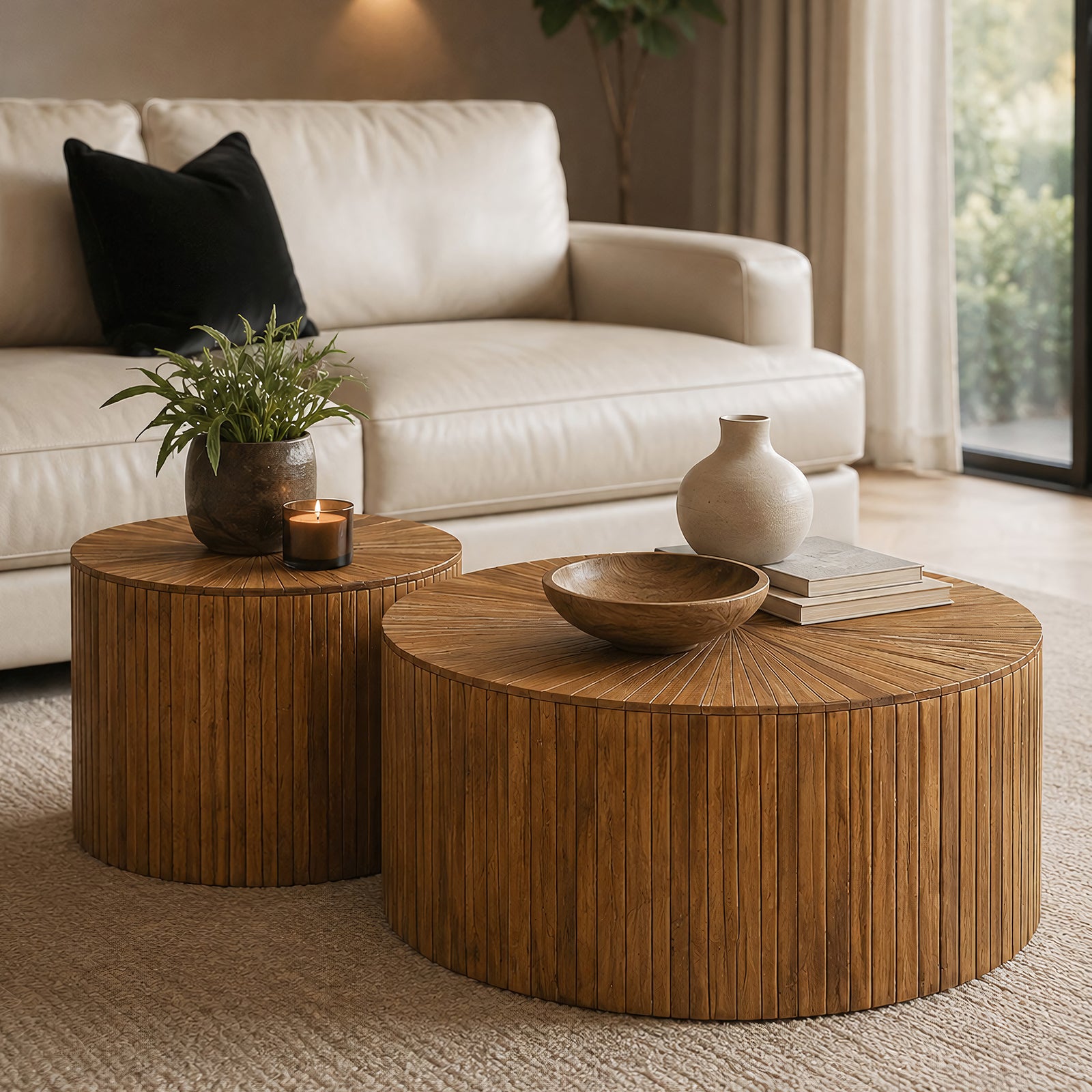 Gallery Everyday Remus Nesting Coffee Tables Set of 2, featuring round wooden tops with fluted slatted bases in a warm brown finish.