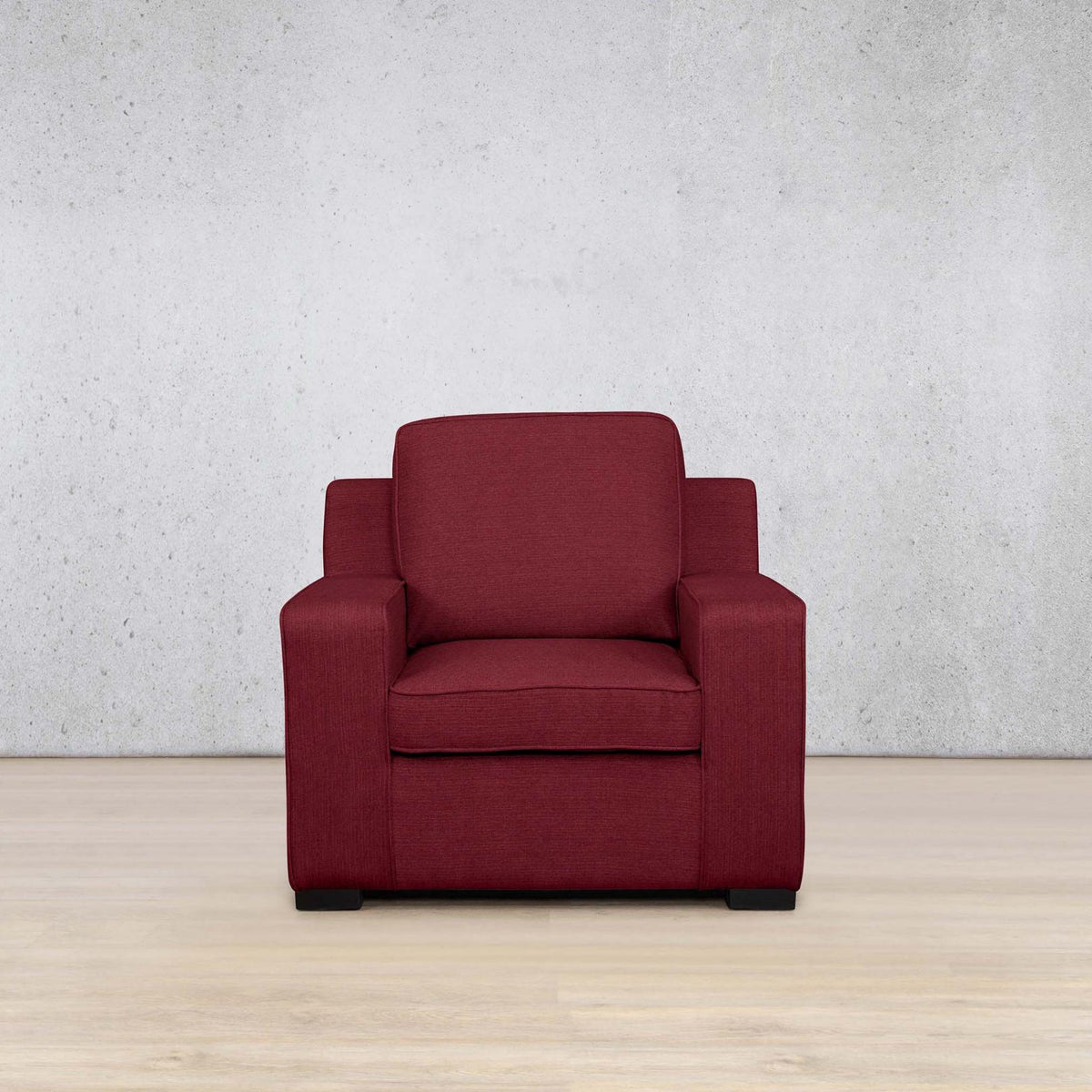 Front facing view of the Rome fabric single couch in Kenya Red | Fabric couches, single seater couches, single couches for sale, sofas and couches 